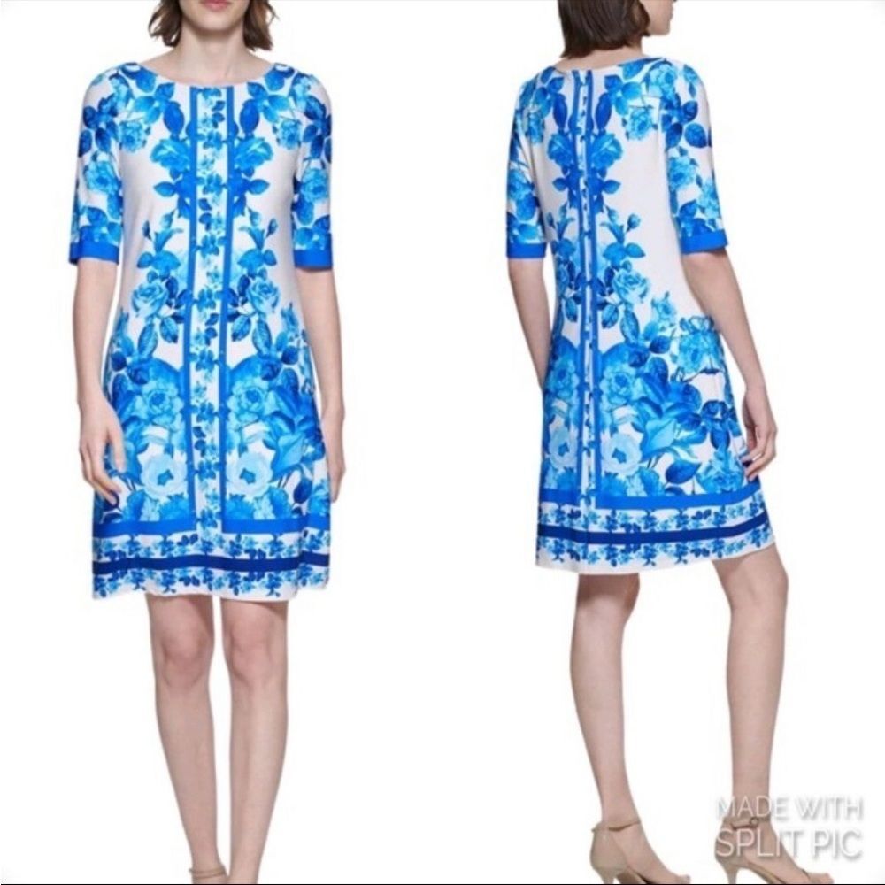 Eliza J Border Detail Floral Jersey Sheath Dress Size 10 Blue White
